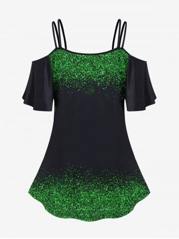 Gothic St Patrick's Day Cross Print Open Shoulder Top and High Waist Glitter Light Beam Printed Leggings Outfit