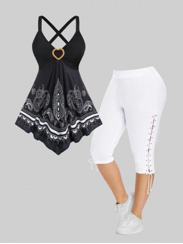Paisley Crisscross Asymmetrical Tank Top and Lace Up Pants Plus Size Summer Outfit - BLACK