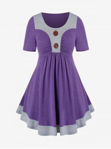 Plus Size Two Tone Ruched Buttoned Tunic Tee - PURPLE AMETHYST - 4X