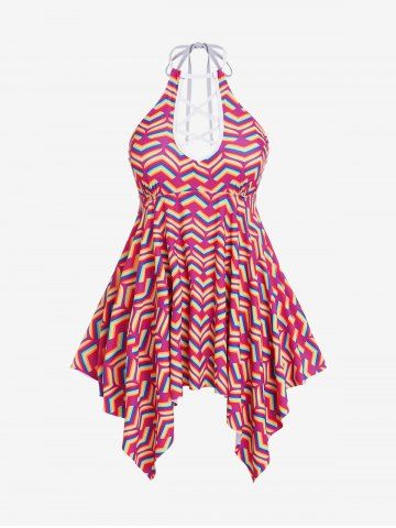 Plus Size Heart Printed Crisscross Backless Padded Handkerchief Tankini Swimsuit - RED - M | US 10