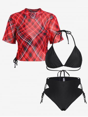 Gothic Halter Lace-up Bikini Swimwear with Plaid Mesh Cinched Cover Up Top - RED - M | US 10