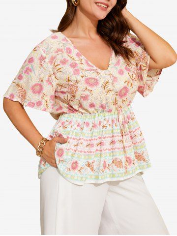 Camiseta de Talla Extra con Estampado de Flores y Cordones - LIGHT PINK - 2XL