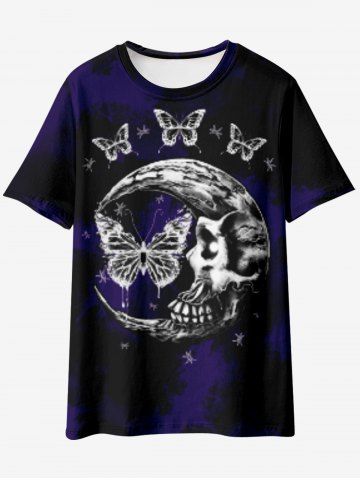 Gothic Butterfly Skull Moon Print Tie Dye T-shirt - BLACK - S
