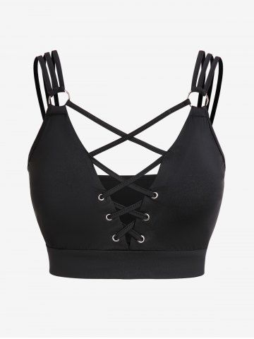 Plus Size Lace Up Rings Strappy Crop Top - BLACK - M | US 10