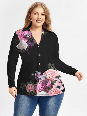 Plus Size Butterfly Flower Printed Long Sleeves Shirt - BLACK - S | US 8