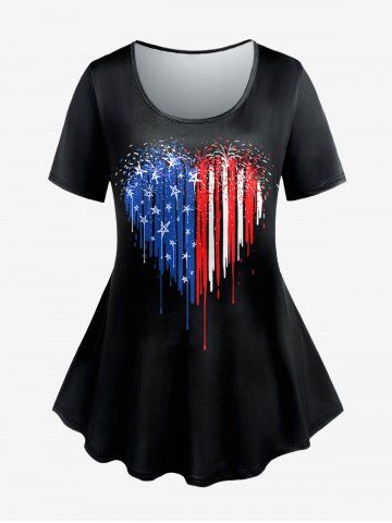 Plus Size American Flag Heart Printed Patriotic Tee - BLACK - L | US 12