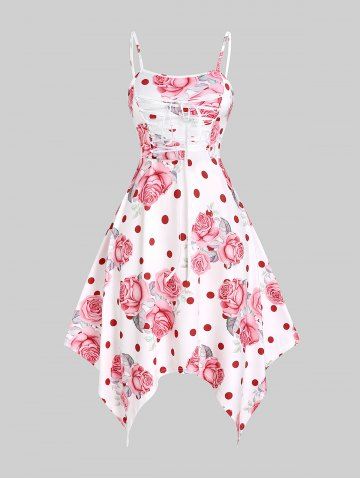 Plus Size Rose Print Lace Up Midi Handkerchief Dress - WHITE - 1X | US 14-16