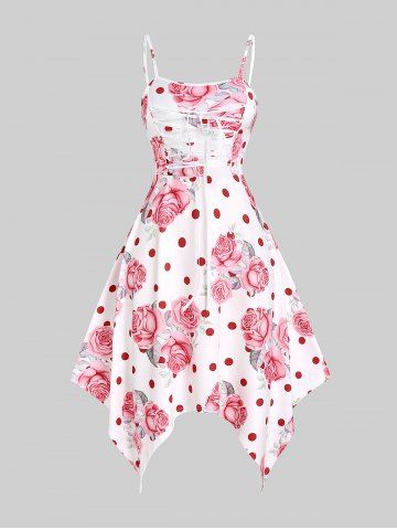 Plus Size Rose Print Lace Up Midi Handkerchief Dress - WHITE - 5X | US 30-32