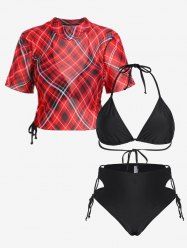 Gothic Halter Lace-up Bikini Swimwear with Plaid Mesh Cinched Cover Up Top -  