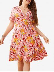 Plus Size Short Sleeves Flower Flounce A Line Wrap Dress -  