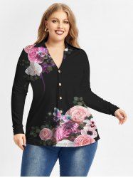 Plus Size Butterfly Flower Printed Long Sleeves Shirt -  