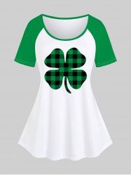 Plus Size St Patrick's Day Clover Plaid Raglan Sleeves Tee -  