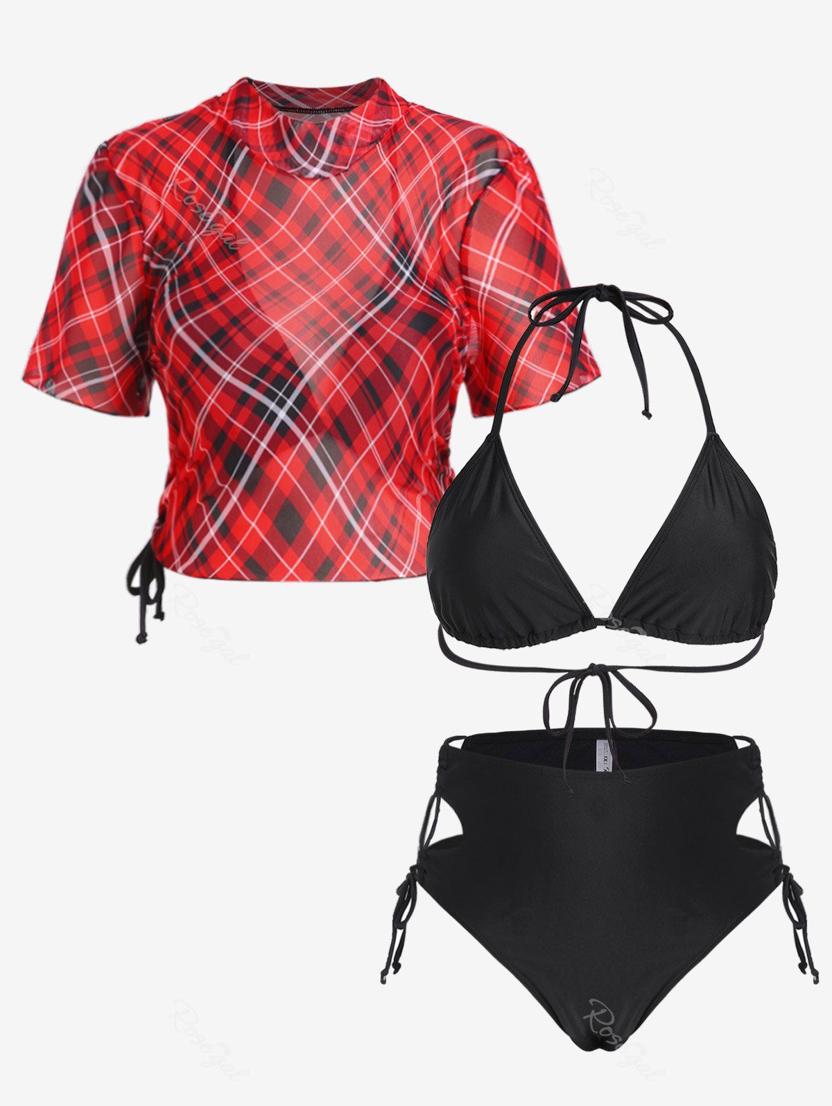 Outfit Gothic Halter Lace-up Bikini Swimwear with Plaid Mesh Cinched Cover Up Top  