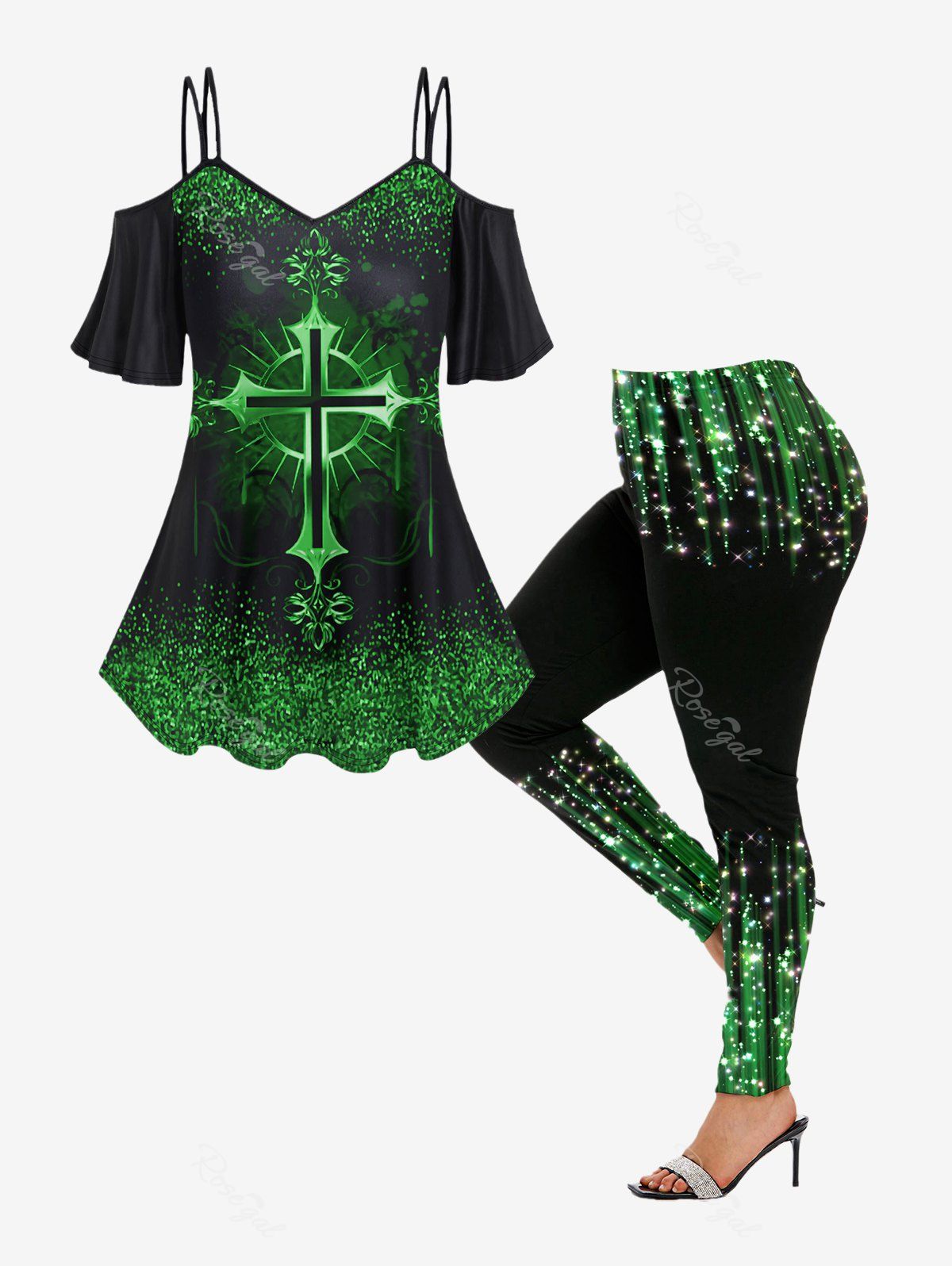 Trendy Gothic St Patrick's Day Cross Print Open Shoulder Top and High Waist Glitter Light Beam Printed Leggings Outfit  