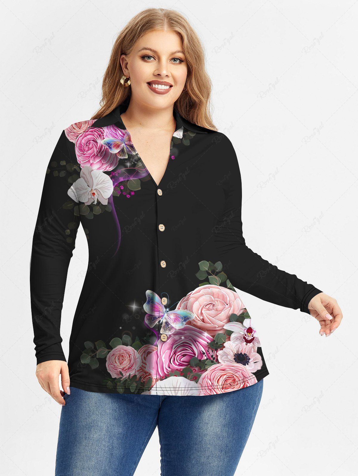 Trendy Plus Size Butterfly Flower Printed Long Sleeves Shirt  