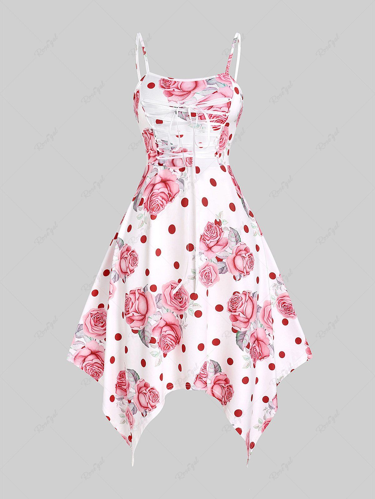 Latest Plus Size Rose Print Lace Up Midi Handkerchief Dress  
