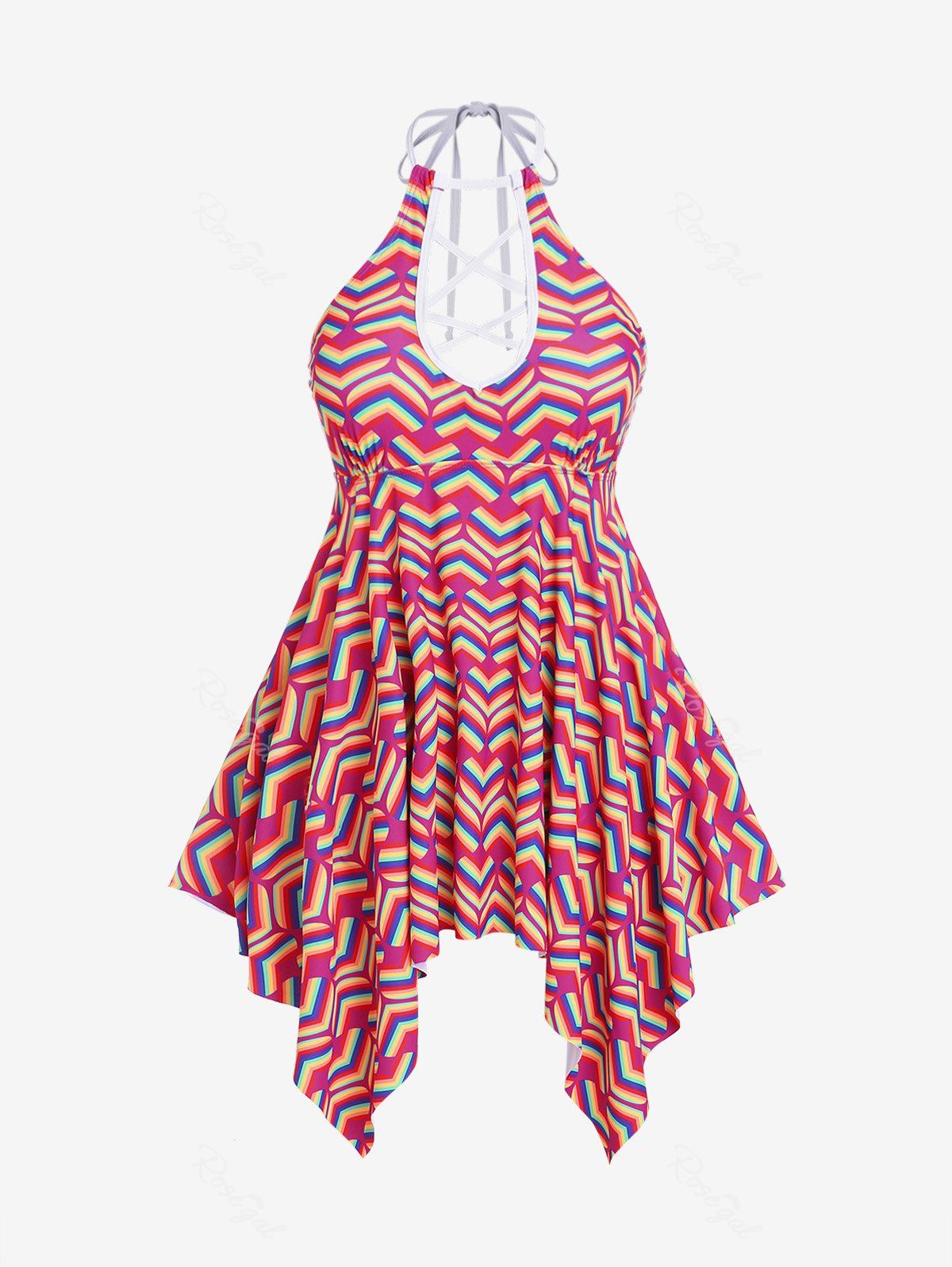 Shop Plus Size Heart Printed Crisscross Backless Padded Handkerchief Tankini Swimsuit  
