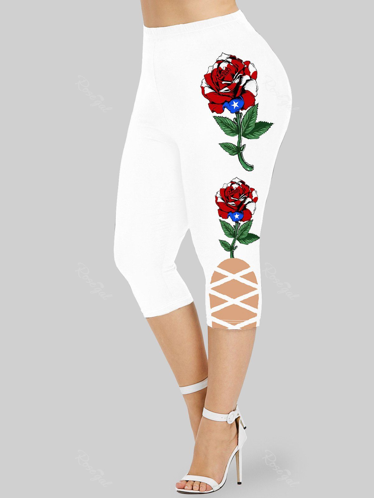 Legging Capri 3D Drapeau Américain Rose Imprimée de Grande Taille Blanc 1X | US 14-16