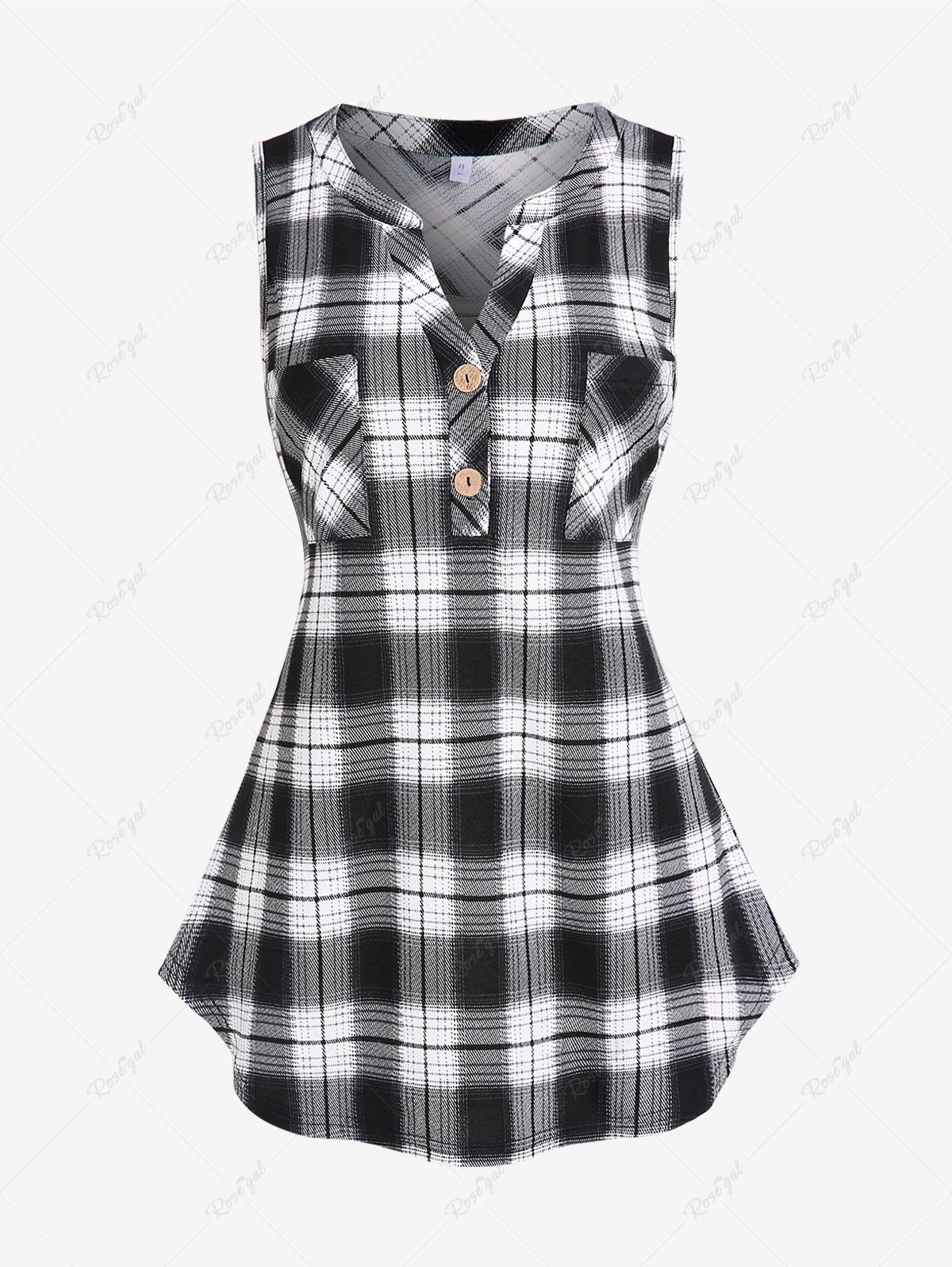 Fashion Plus Size V Notched Plaid Tank Top with Pockets  