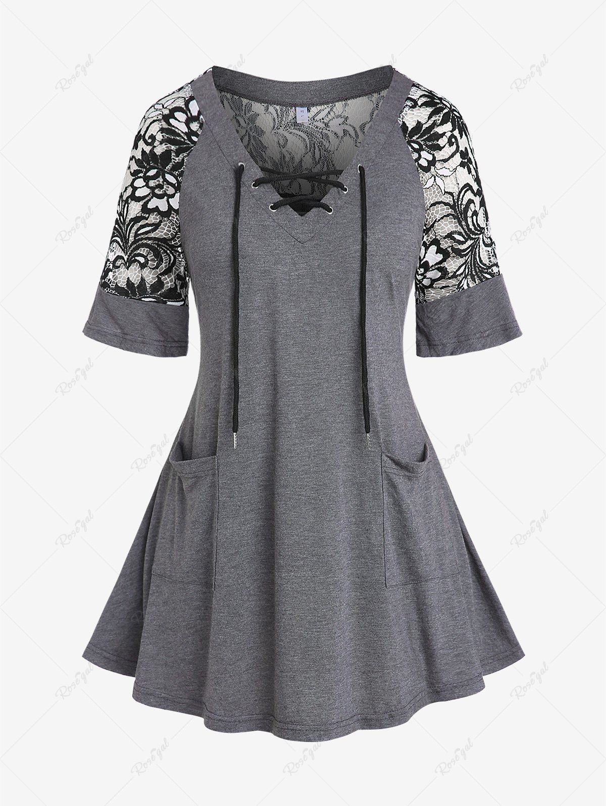 Buy Plus Size Lace Raglan Sleeves Pockets Lace-up Tee  