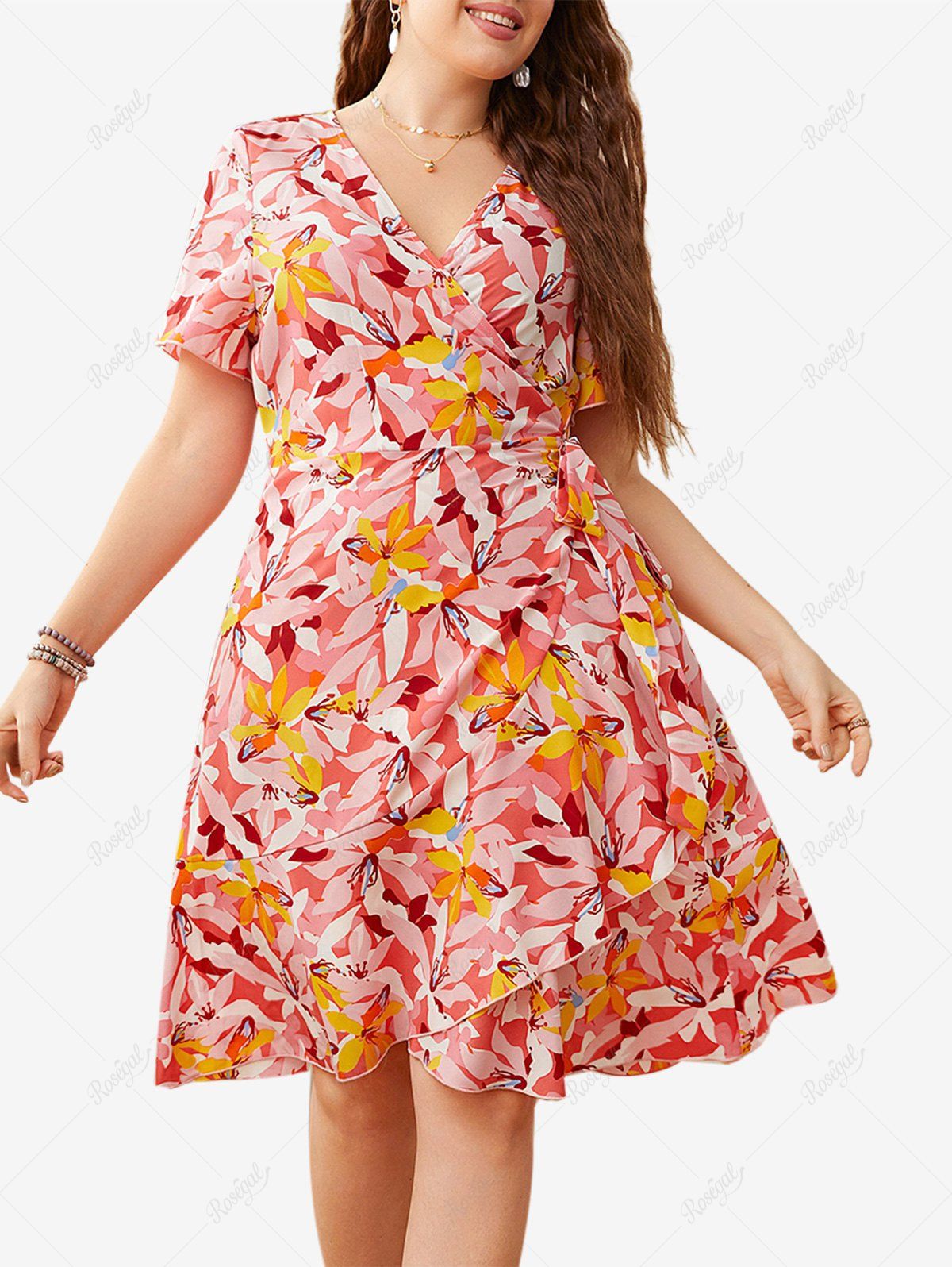 Store Plus Size Short Sleeves Flower Flounce A Line Wrap Dress  