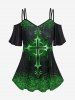 Gothic St Patrick's Day Cross Print Open Shoulder Top and High Waist Glitter Light Beam Printed Leggings Outfit -  