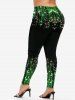 Gothic St Patrick's Day Cross Print Open Shoulder Top and High Waist Glitter Light Beam Printed Leggings Outfit -  