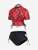 Gothic Halter Lace-up Bikini Swimwear with Plaid Mesh Cinched Cover Up Top -  