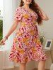 Plus Size Short Sleeves Flower Flounce A Line Wrap Dress -  