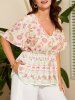 Plus Size Flower Printed Drawstring Waist Flutter Sleeves T-shirt -  