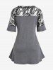 Plus Size Lace Raglan Sleeves Pockets Lace-up Tee -  