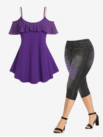Flounce Cold Shoulder Tee and 3D Ripped Jeans Printed Capri Jeggings Plus Size Outfits - PURPLE
