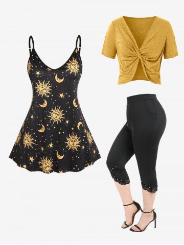 Sun Moon Print Tank Top + Twist Crop Top + Capri Pants Plus Size Summer Outfit