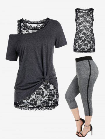 Space Dye Skew Neck Knotted Tee Set and  Capri Leggings Plus Size Summer Outfit