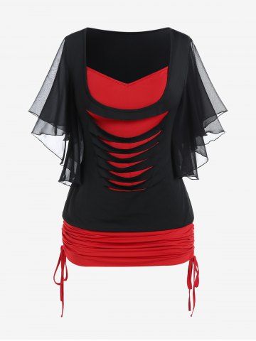 Butterfly Sleeve Ripped Cinched Tee and Plaid Ripped Panel Leggings Plus Size Outfit