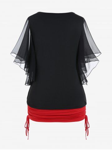 Butterfly Sleeve Ripped Cinched Tee and Plaid Ripped Panel Leggings Plus Size Outfit