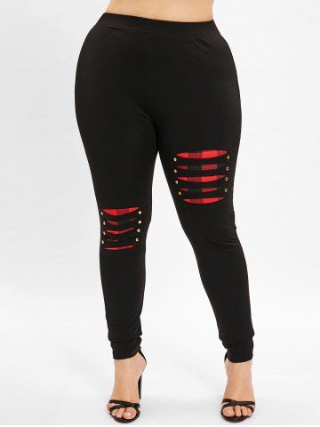 Butterfly Sleeve Ripped Cinched Tee and Plaid Ripped Panel Leggings Plus Size Outfit