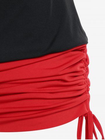 Butterfly Sleeve Ripped Cinched Tee and Plaid Ripped Panel Leggings Plus Size Outfit