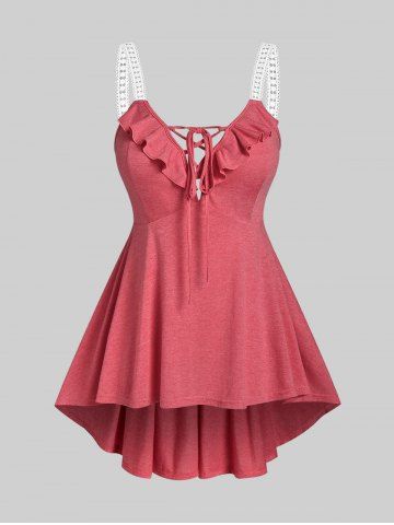Plus Size & Curve Ruffled High Low Lace Up Cami Top - RED - 2X