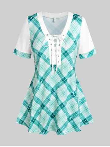 Plus Size & Curve Plaid Lace Up Flared T-shirt - GREEN - 1X