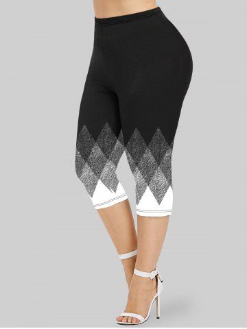 Plus Size Rhombus Printed Colorblock Capri Leggings - BLACK - 2X | US 18-20