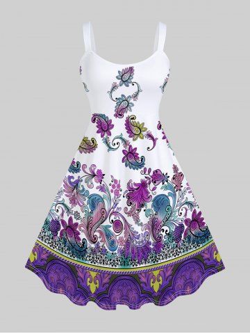Plus Size Vintage Paisley Print A Line Sleeveless Dress - PURPLE - M | US 10