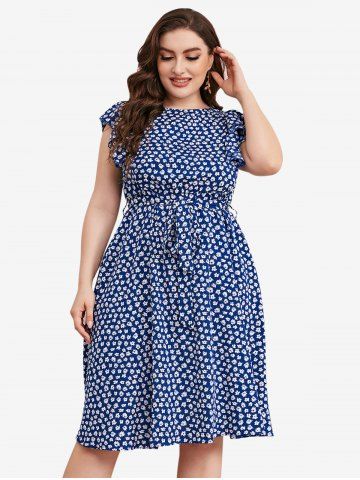 Plus Size Cottagecore Flounce Floral A Line Belt Dress - BLUE - 3XL