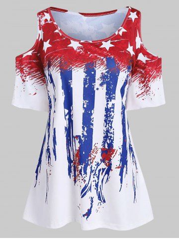 Plus Size American Flag Cold Shoulder T Shirt - RED - M | US 10
