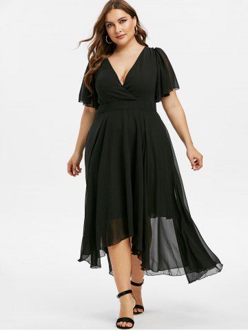 Plus Size Plunge Flutter Sleeve Chiffon Maxi Dress - BLACK - L | US 12
