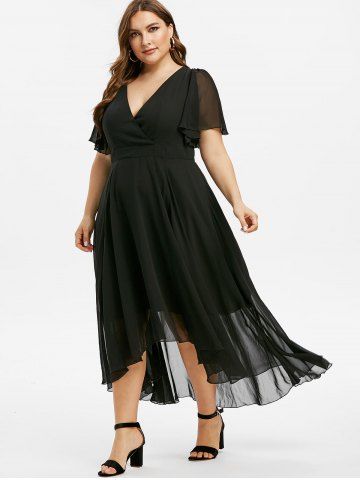 Plus Size Plunge Flutter Sleeve Chiffon Maxi Dress