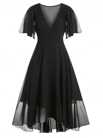 Plus Size Plunge Flutter Sleeve Chiffon Maxi Dress - BLACK - 2X | US 18-20