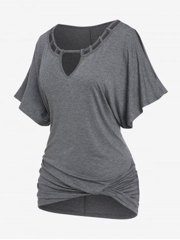 Plus Size Batwing Sleeves Hollow Out Twist Keyhole T-shirt - GRAY - 1X | US 14-16