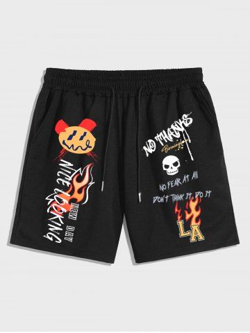 Slogan Skull Flame Graphic Pattern Sweat Shorts - BLACK - XL