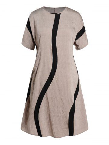 Plus Size Two Tone Color Side Pockets Round Neck Short Sleeve A Line Midi Dress - LIGHT COFFEE - 1XL